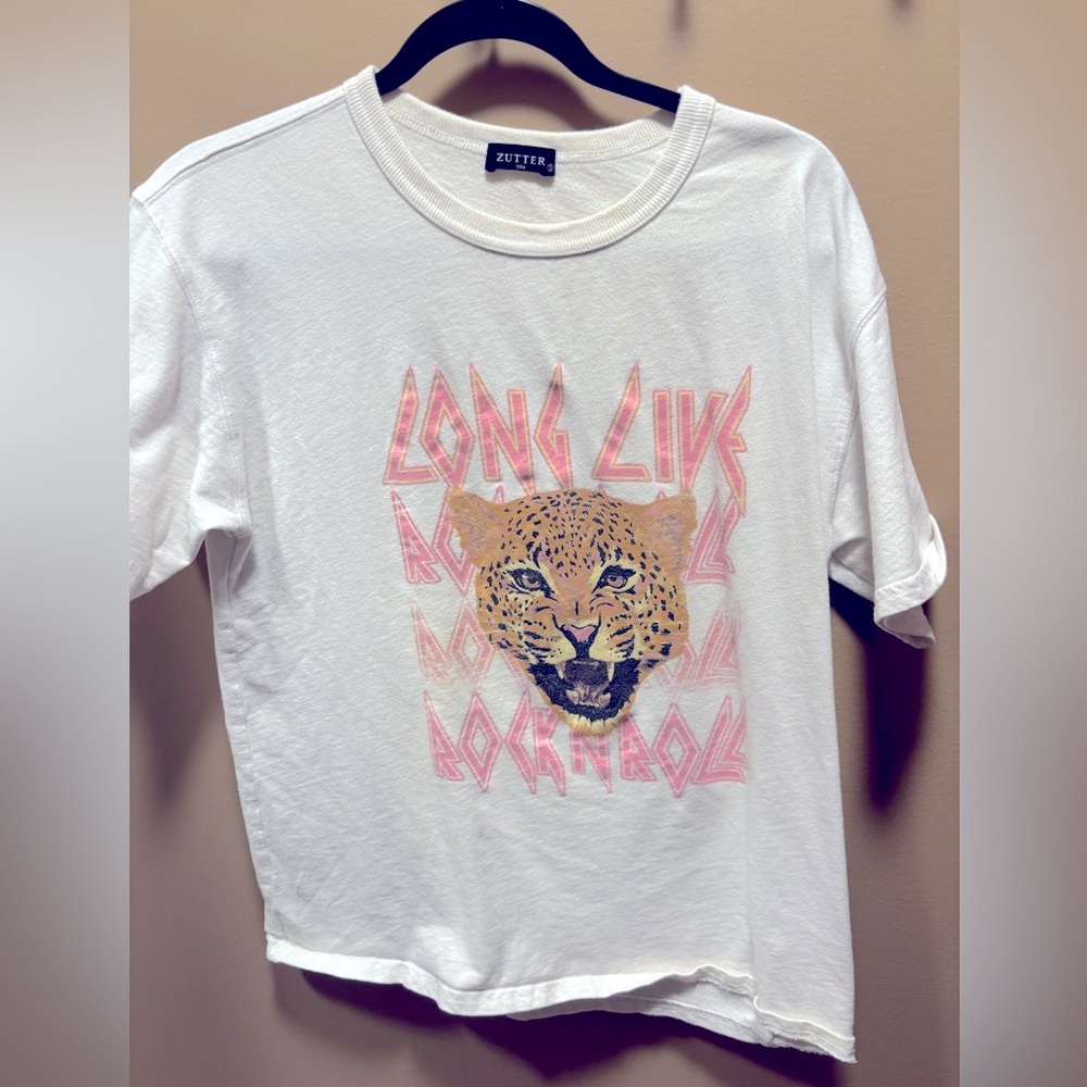 Long Live Rock In Roll with tiger face graphic tee. Bright pink letters